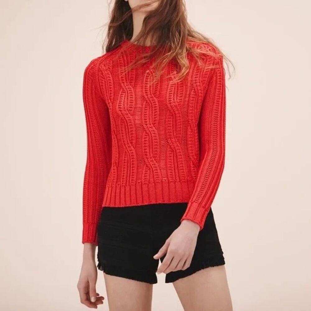 Maje Mist Rouge Cable Knit Silky Crew Neck Sweater Small 1 Red Orange Pullover - Picture 3 of 11